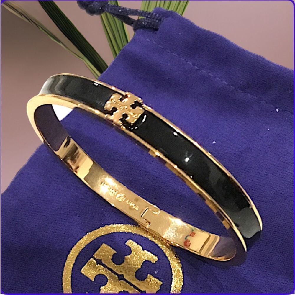 TORY BURCH BLACK ENAMEL AND GOLD BRACELET